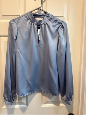 LOFT Satin Keyhole Mock Neck Blouse in Periwinkle